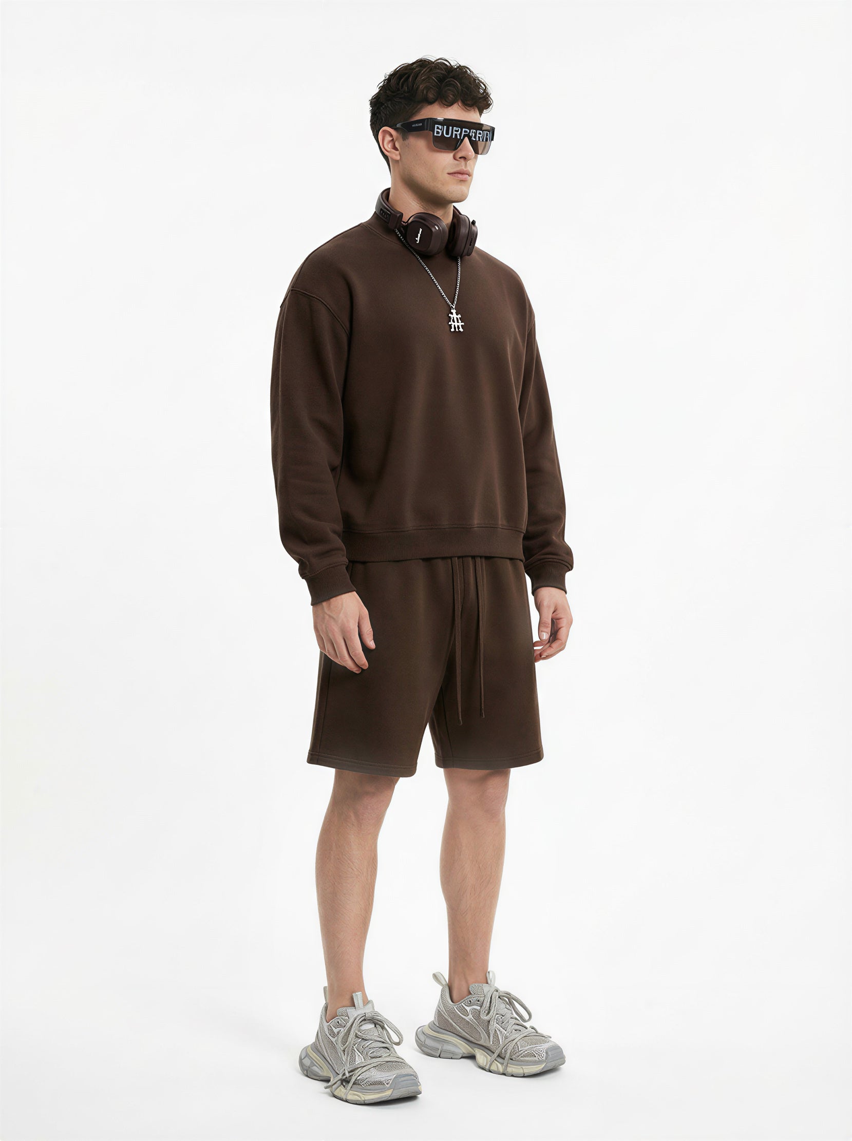 370GSM  Unisex Raw-Edge Ripped French Terry PP-Sprayed Sweatshirt Brown