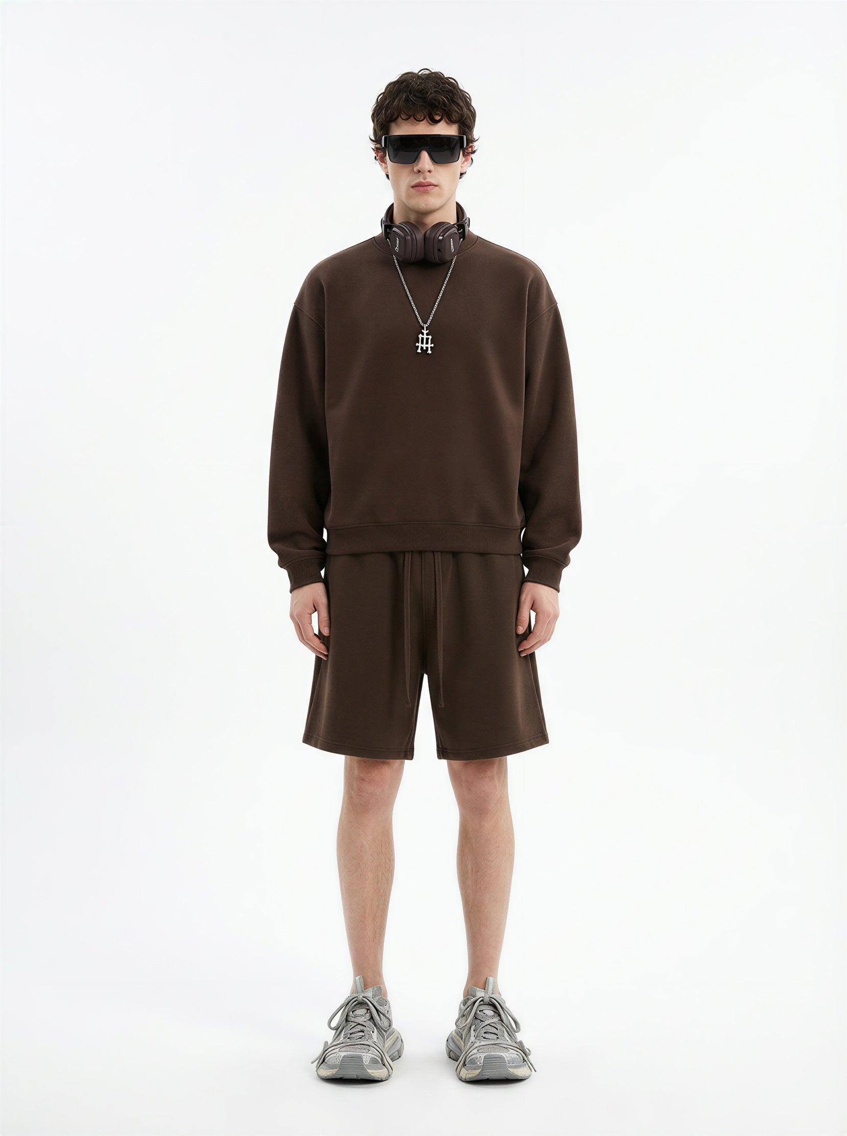370GSM  Unisex Raw-Edge Ripped French Terry PP-Sprayed Sweatshirt Brown