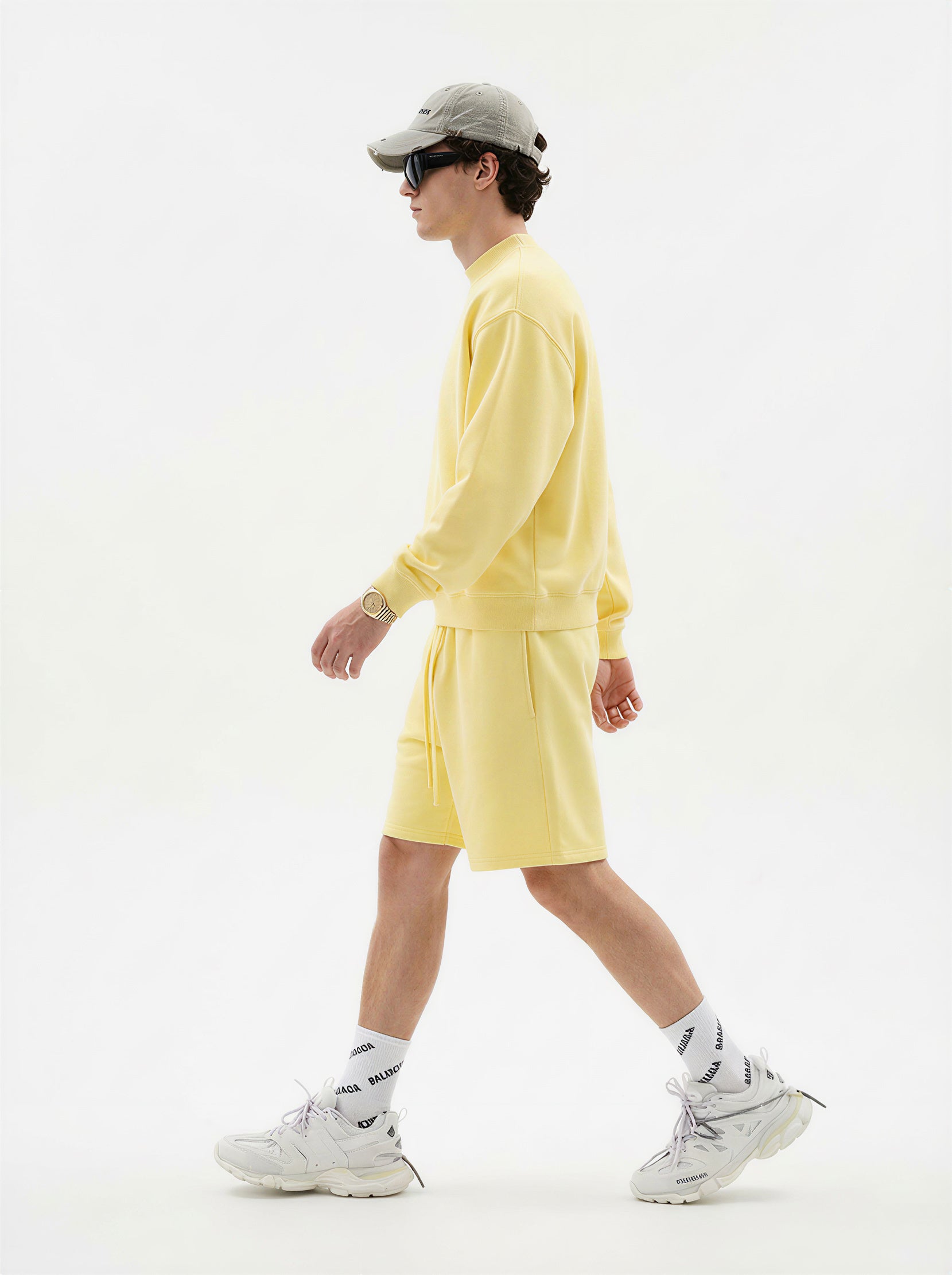 370GSM  Unisex Raw-Edge Ripped French Terry PP-Sprayed Sweatshirt Light Yellow
