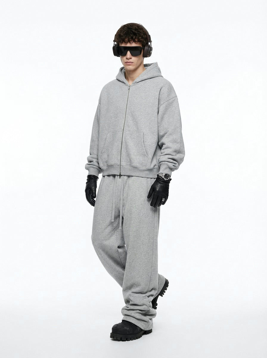 345GSM Unisex Boxy-Fit Double-Zip Hoodie Heathered Grey