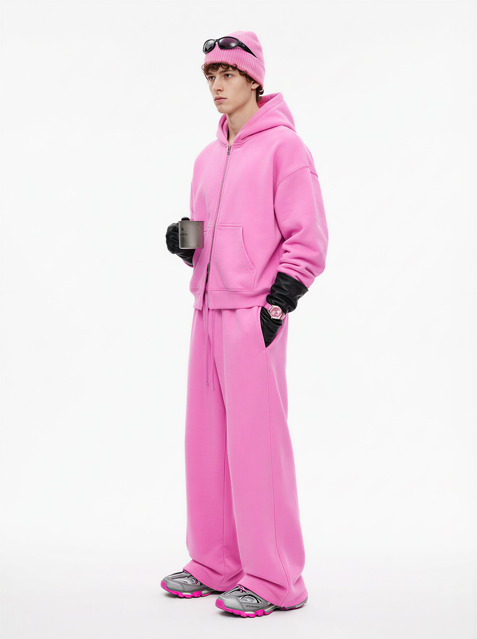 345GSM Unisex Boxy-Fit Double-Zip Hoodie Peach Pink