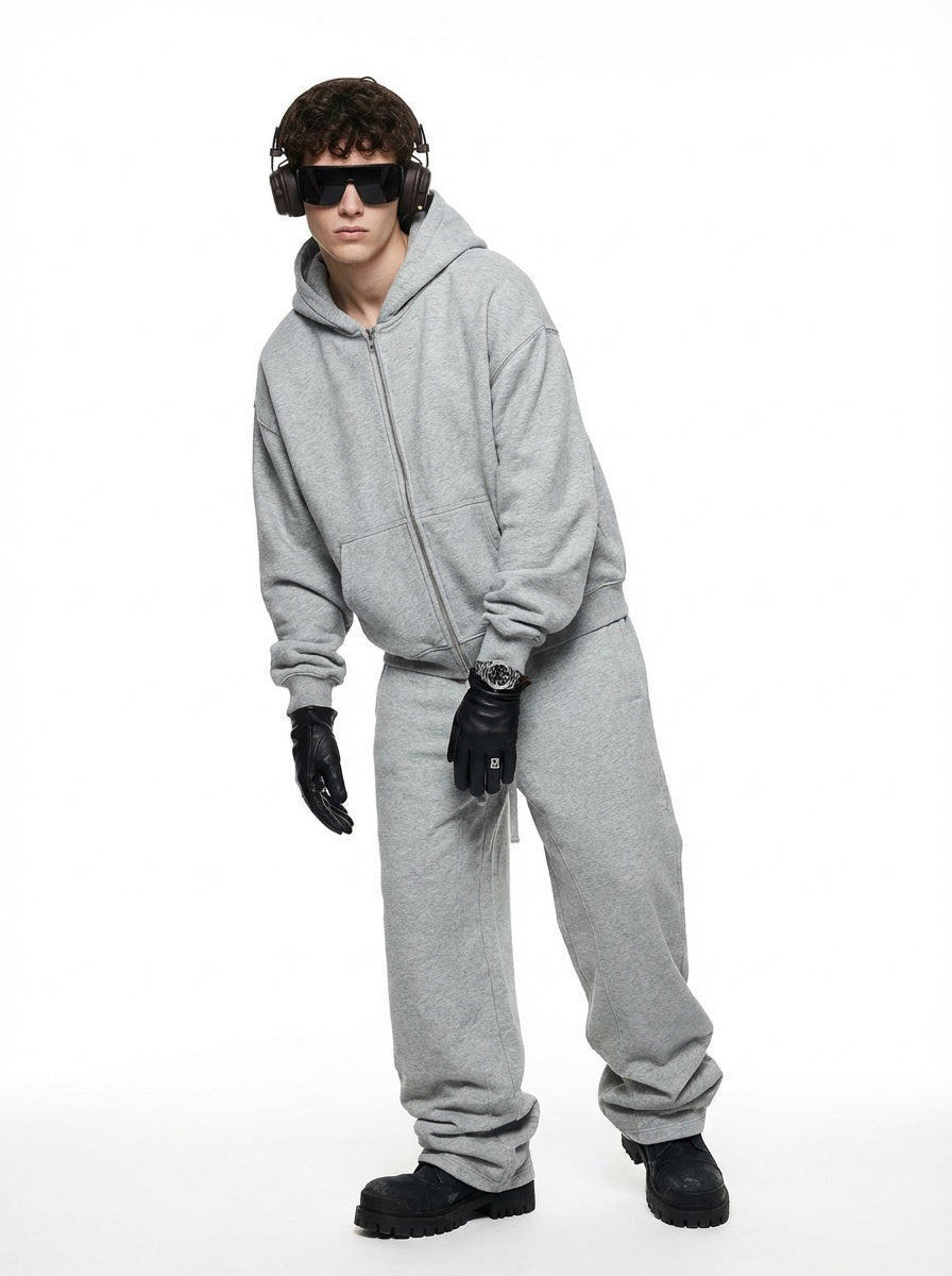 345GSM Unisex Boxy-Fit Double-Zip Hoodie Heathered Grey