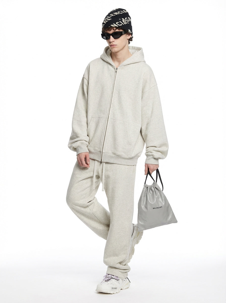 345GSM Unisex Boxy-Fit Double-Zip Hoodie Oatmeal Grey