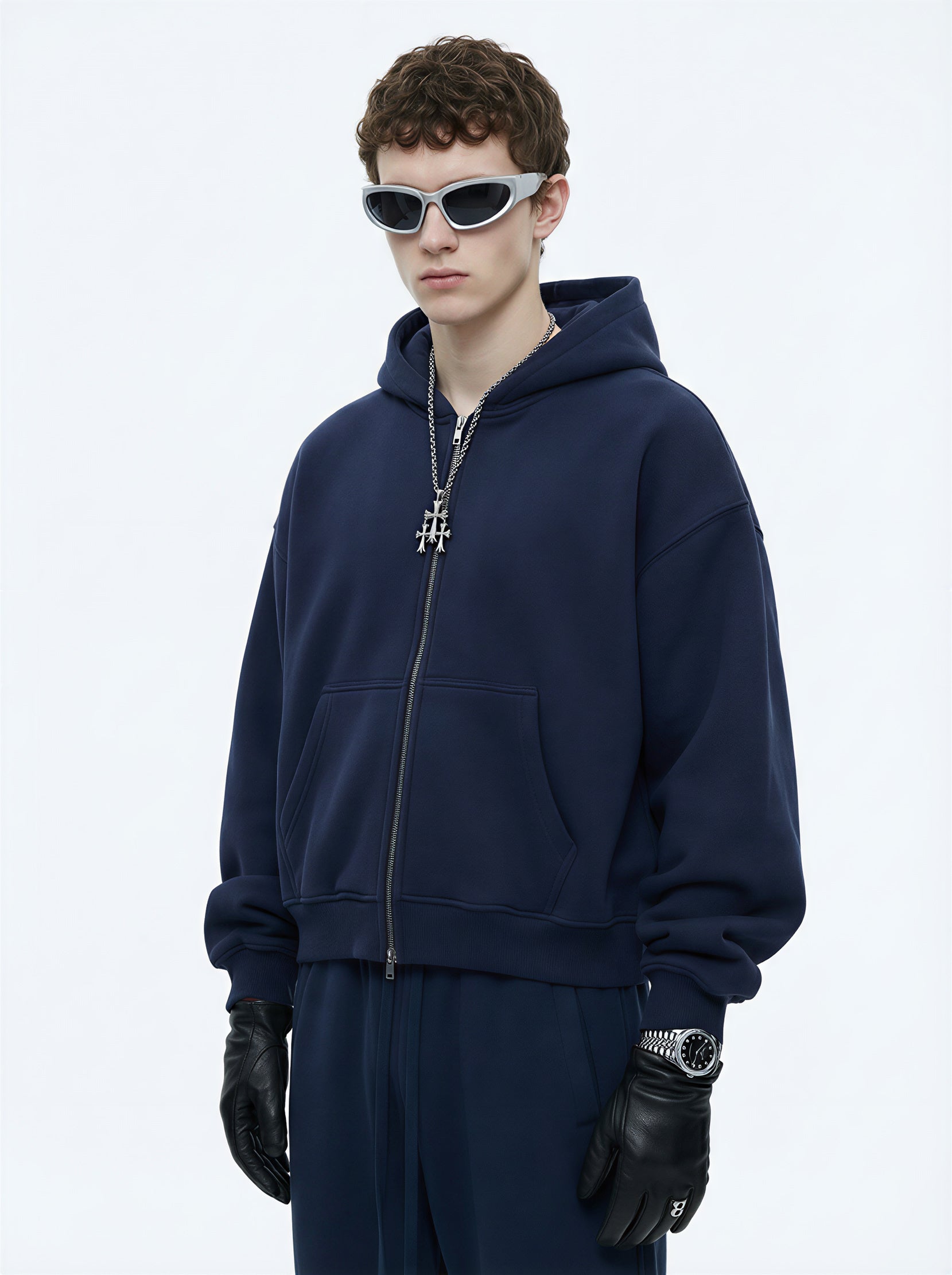 345GSM Unisex Boxy-Fit Double-Zip Hoodie Midnight Blue