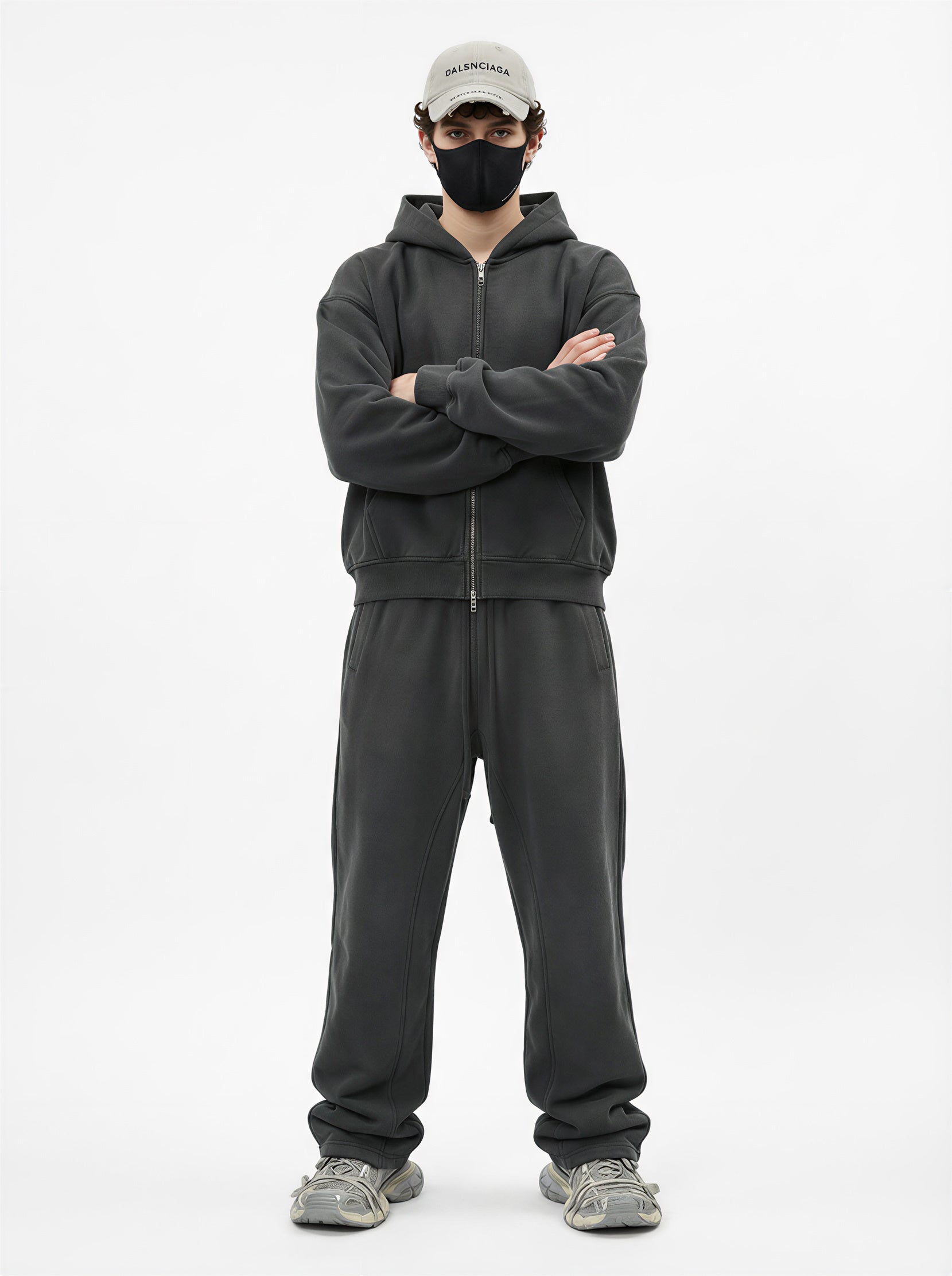 345GSM Unisex Boxy-Fit Double-Zip Hoodie Dark Grey