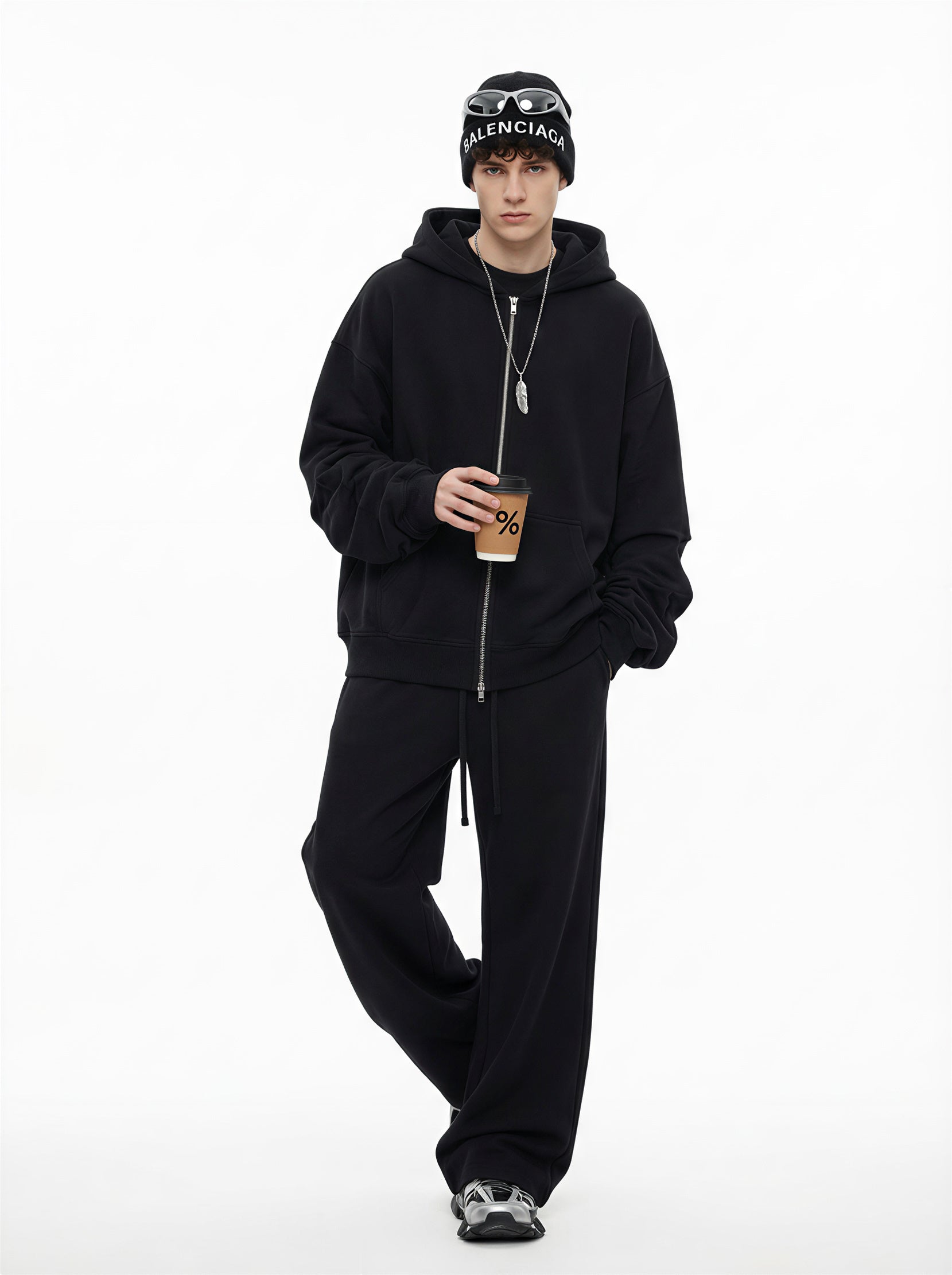 345GSM Unisex Boxy-Fit Double-Zip Hoodie Black