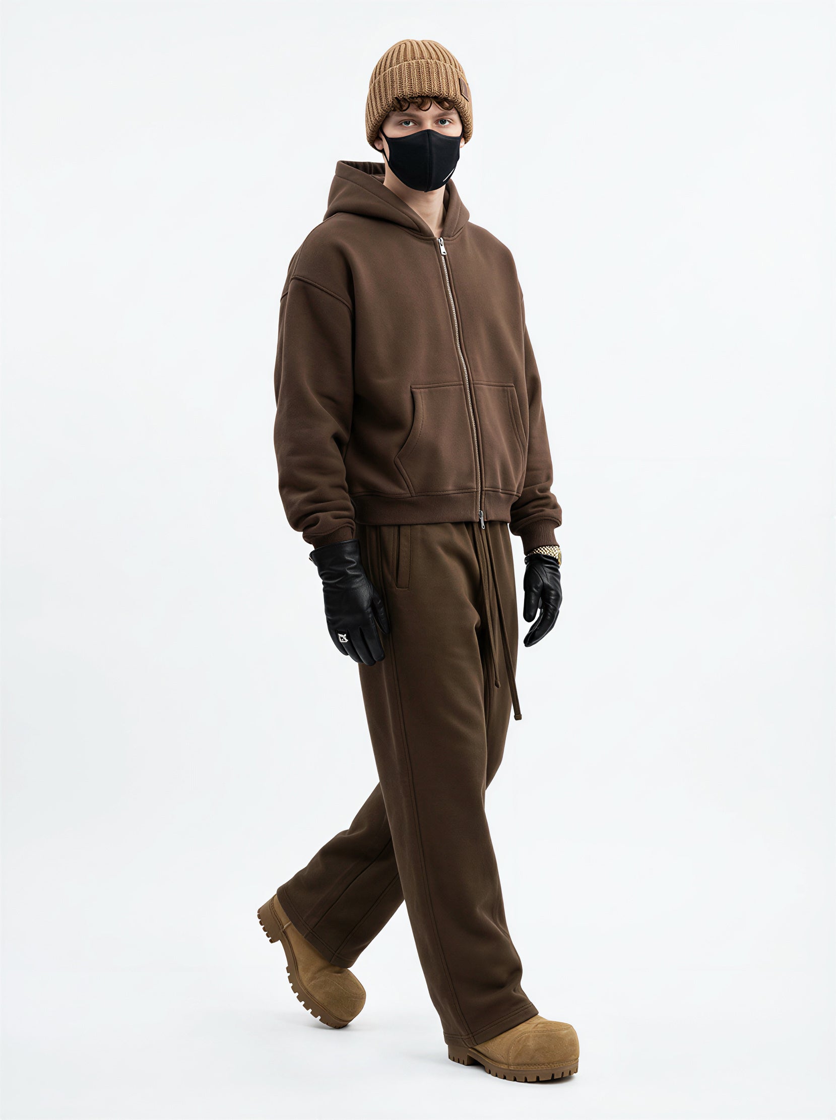 345GSM Unisex Boxy-Fit Double-Zip Hoodie Brown