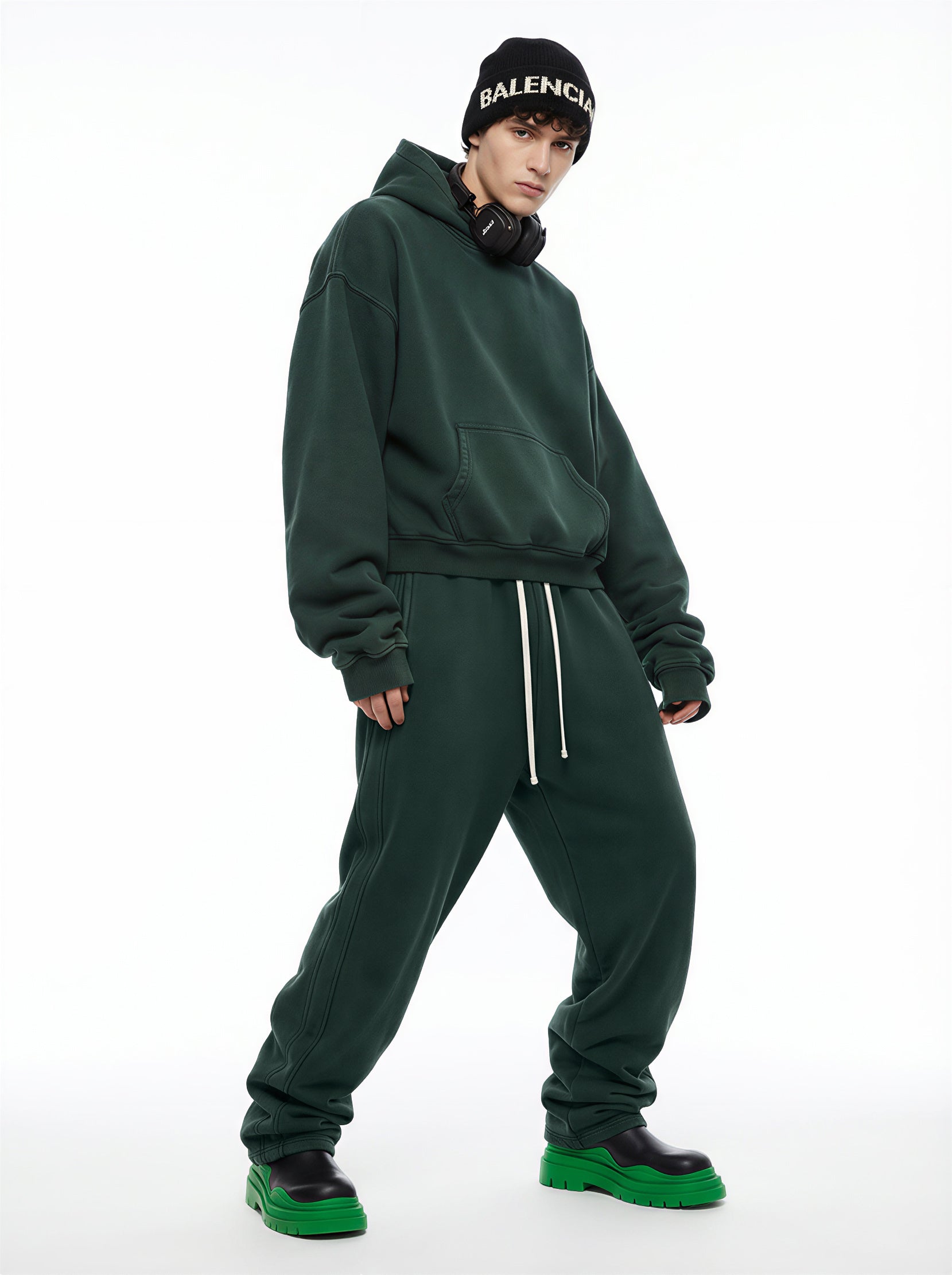 400GSM Unisex Washed Heavyweight Boxy-Fit Hoodie Vintage Moss Green