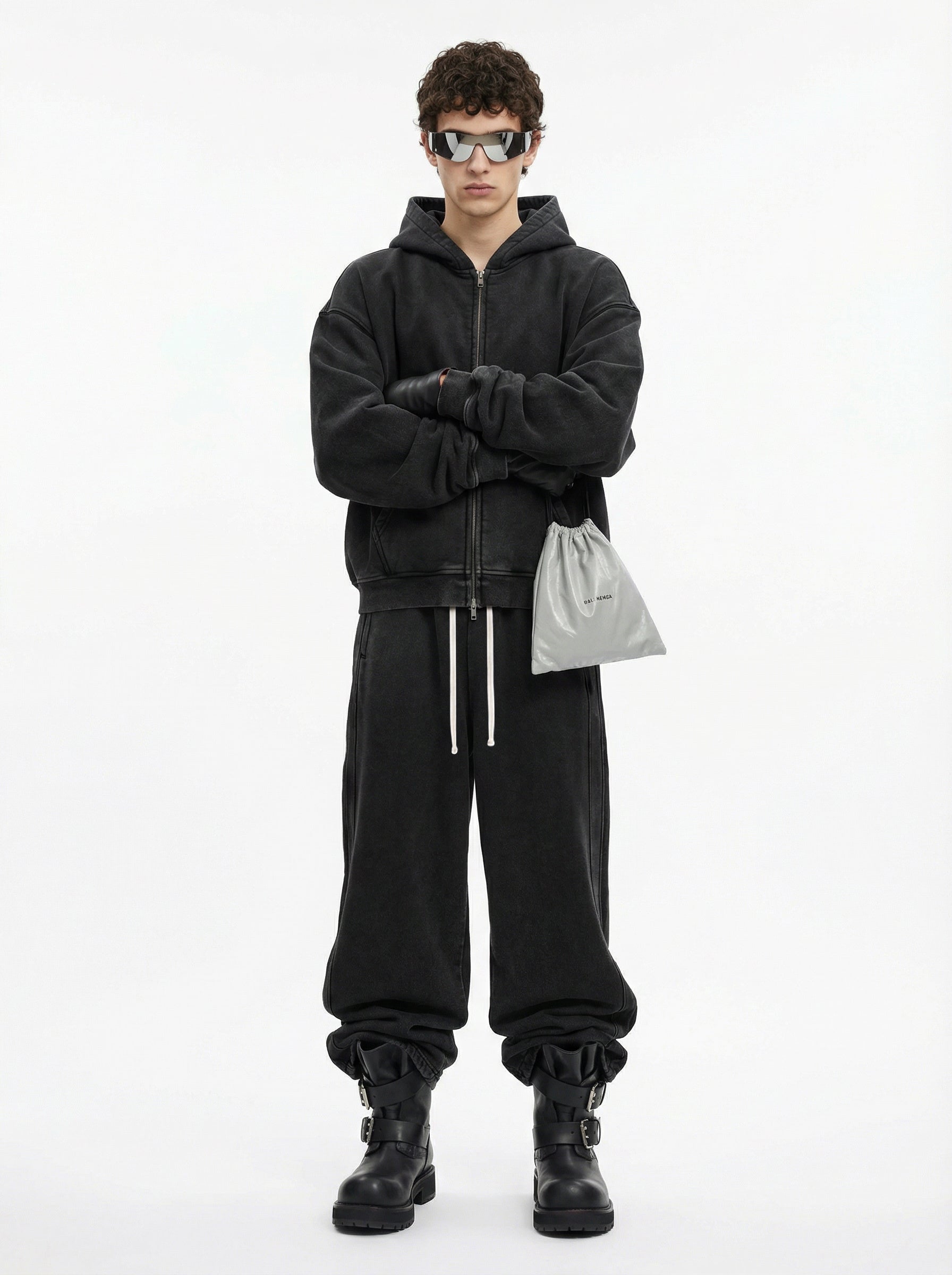 400GSM Unisex Vintage-Wash Boxy-Fit Zip-Up Hoodie Vintage Black