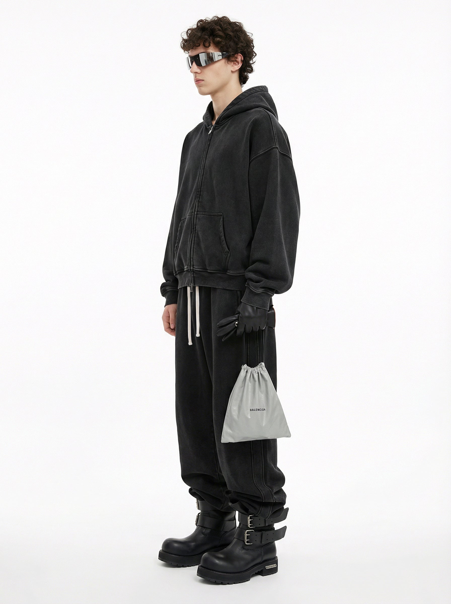 400GSM Unisex Vintage-Wash Boxy-Fit Zip-Up Hoodie Vintage Black