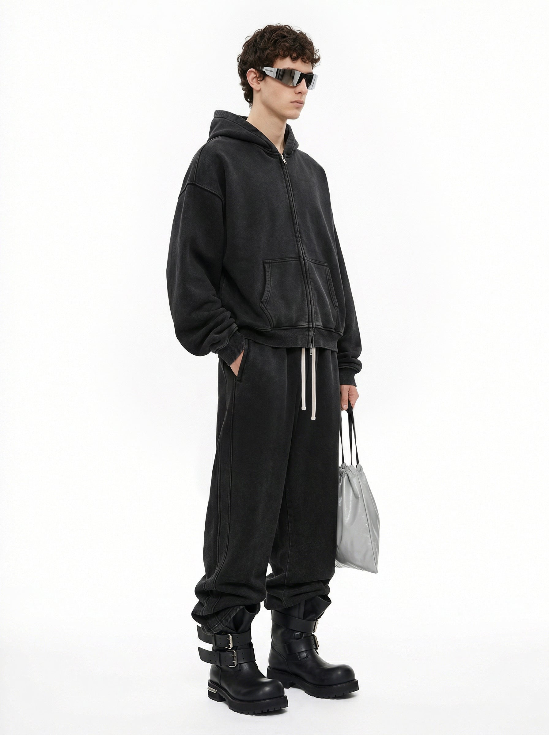 400GSM Unisex Vintage-Wash Boxy-Fit Zip-Up Hoodie Vintage Black