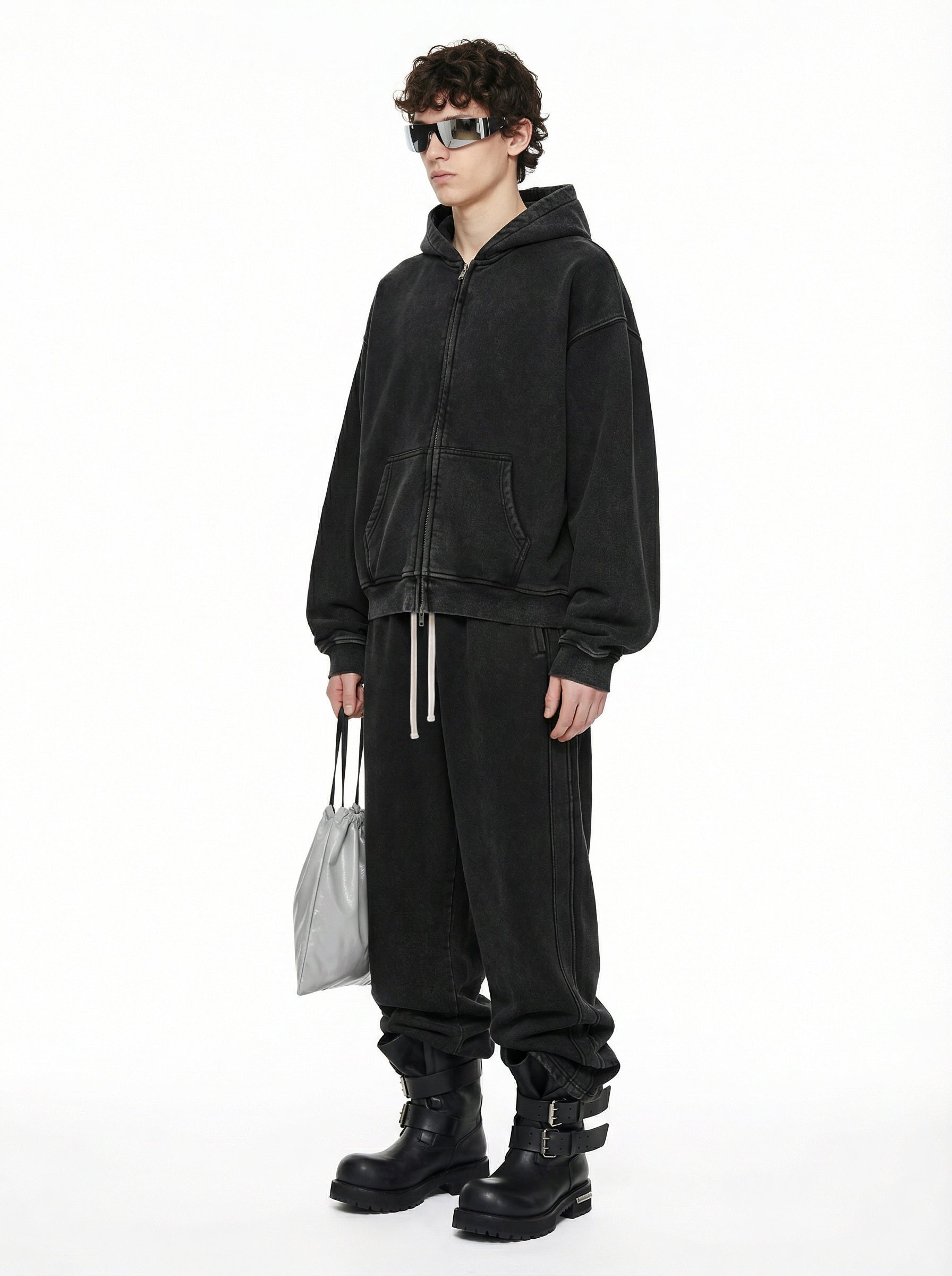 400GSM Unisex Vintage-Wash Boxy-Fit Zip-Up Hoodie Vintage Black