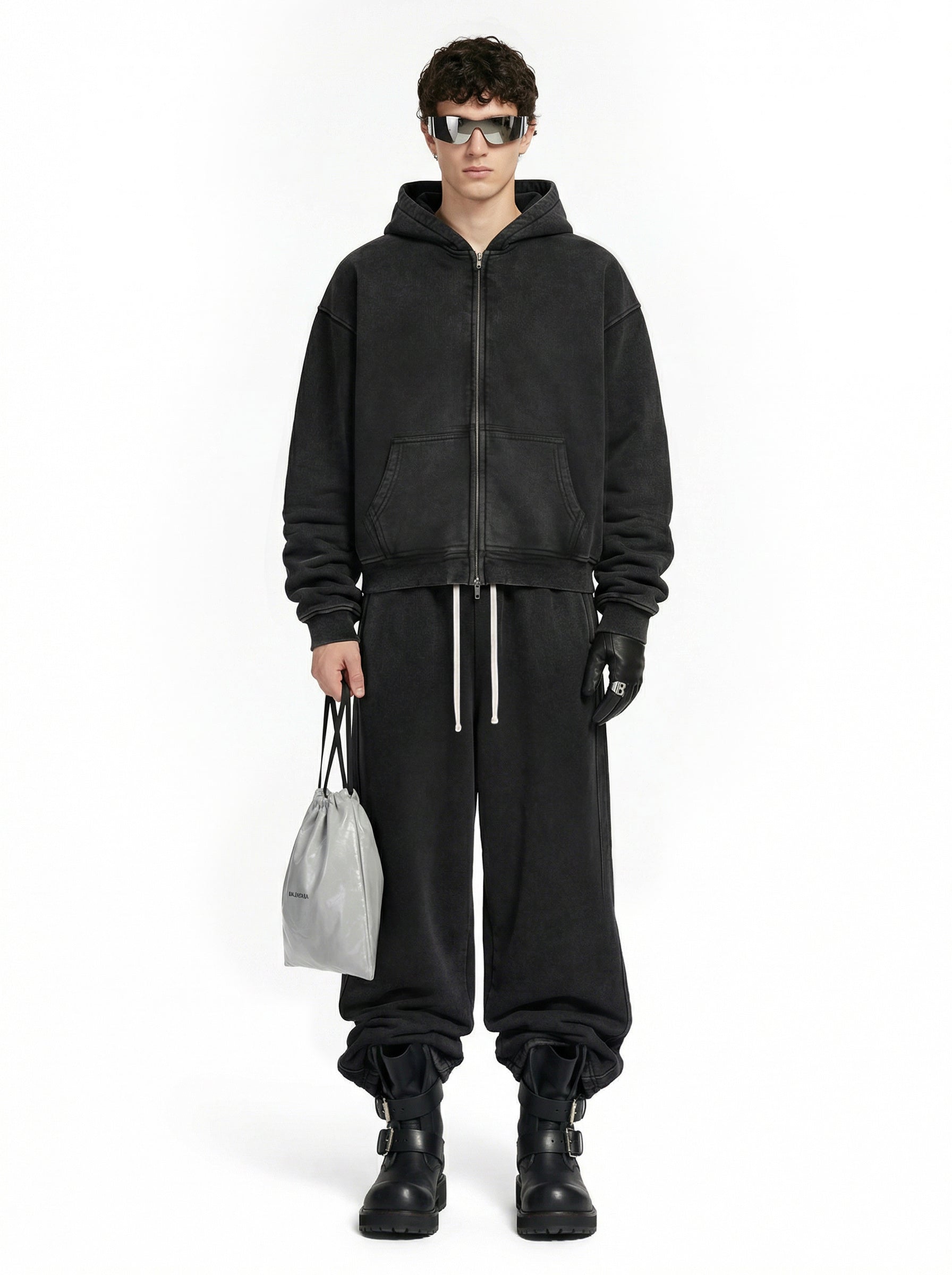 400GSM Unisex Vintage-Wash Boxy-Fit Zip-Up Hoodie Vintage Black