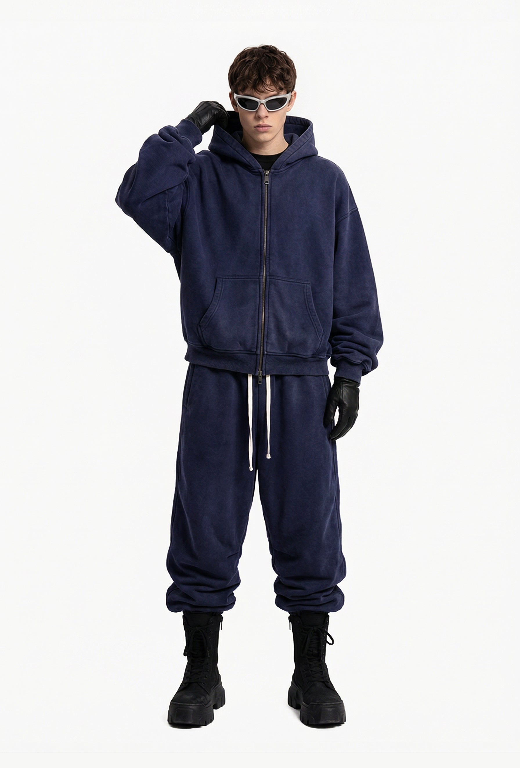 400GSM Unisex Vintage-Wash Boxy-Fit Zip-Up Hoodie Vintage Royal Blue