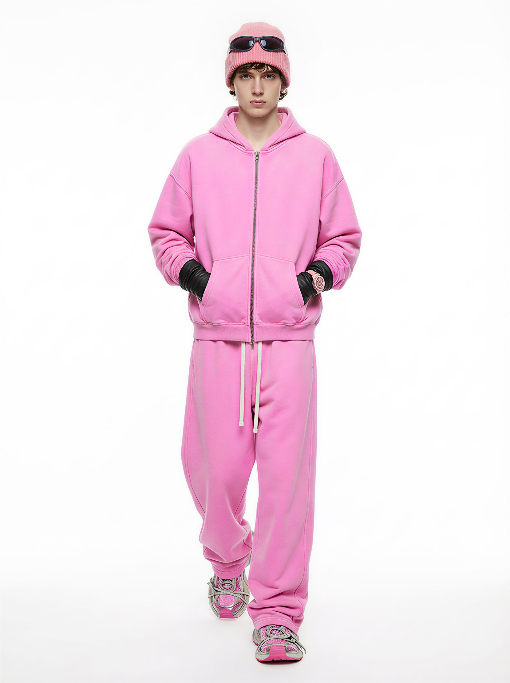 400GSM Unisex Vintage-Wash Boxy-Fit Zip-Up Hoodie Vintage Peach Pink