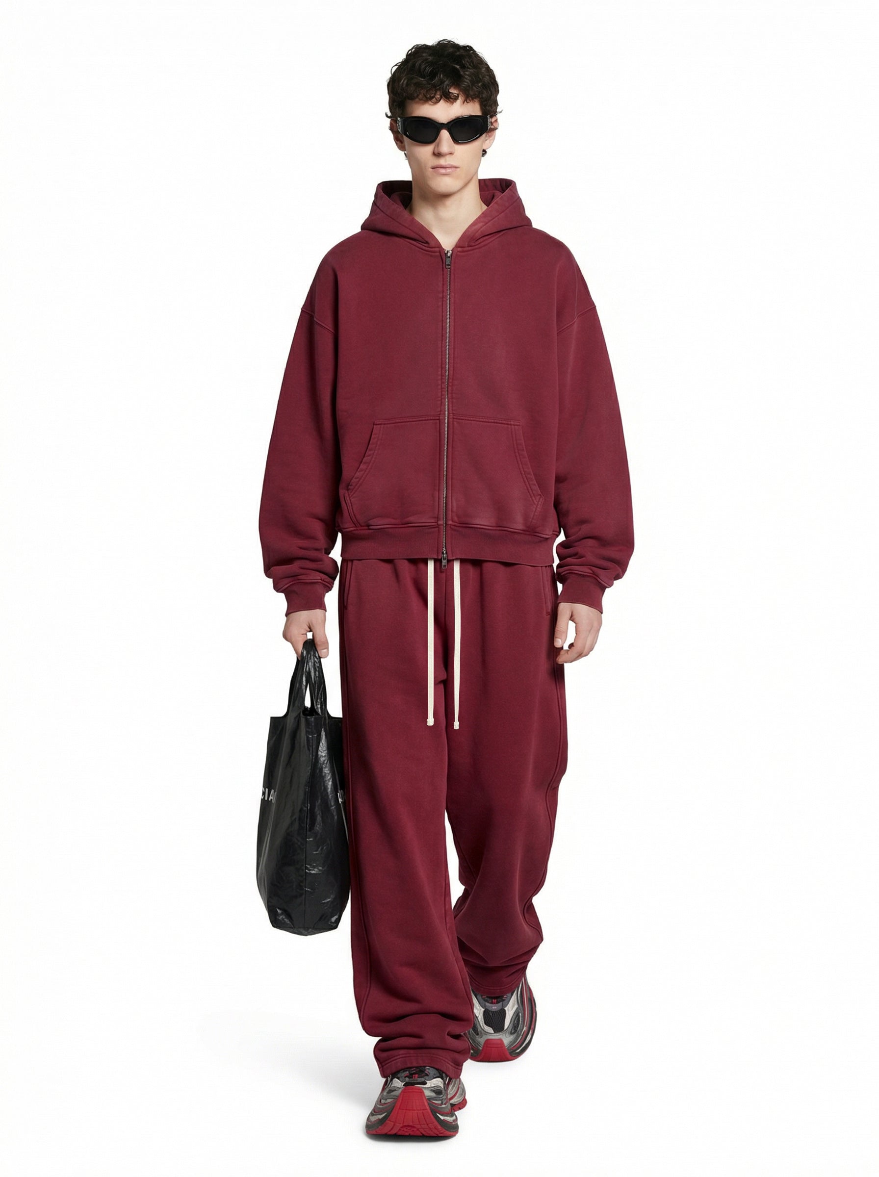 400GSM Unisex Vintage-Wash Boxy-Fit Zip-Up Hoodie Vintage Red