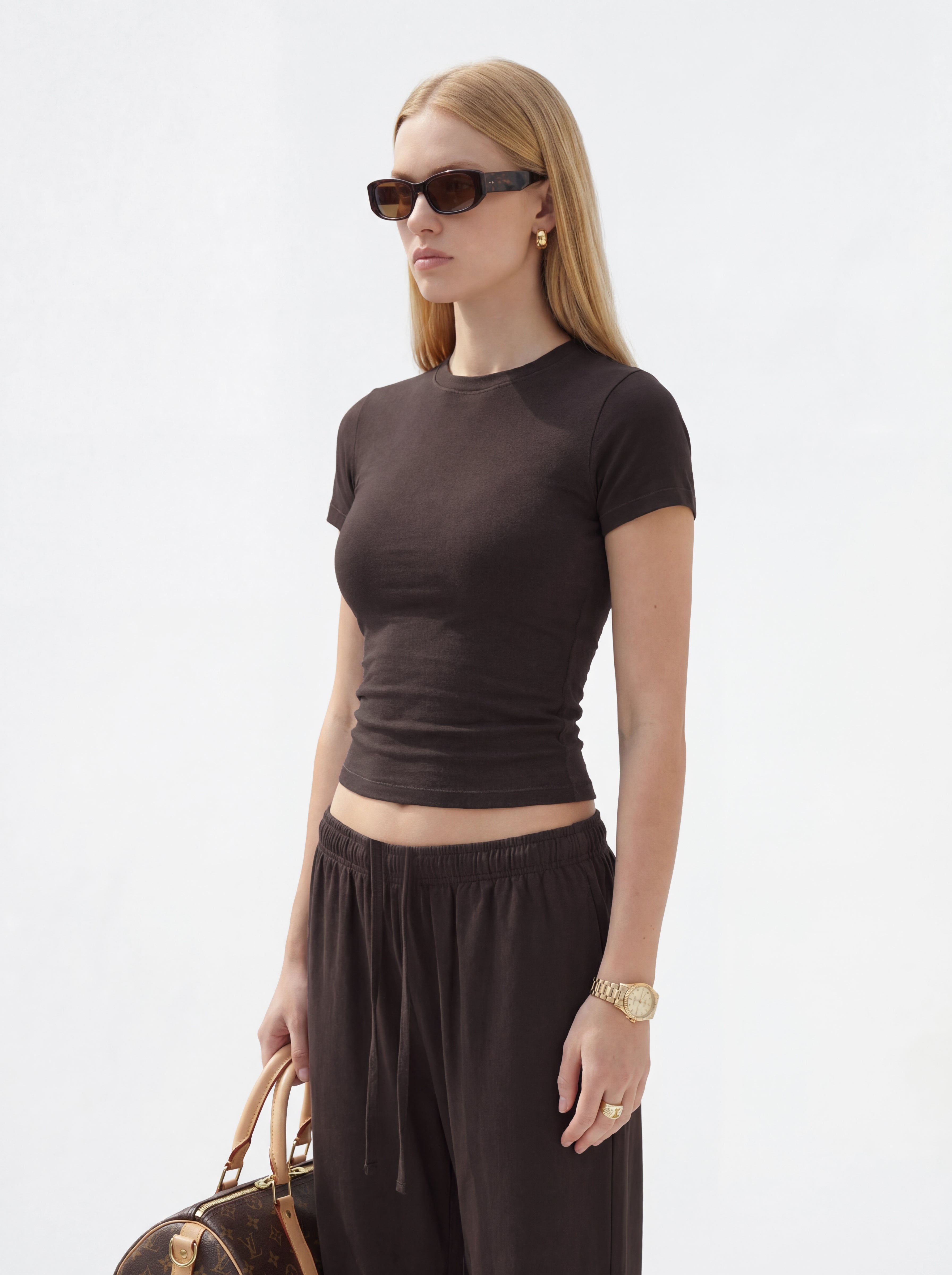 200GSM Women's High-Stretch Spandex Jersey Fitted T-Shirt Coffee