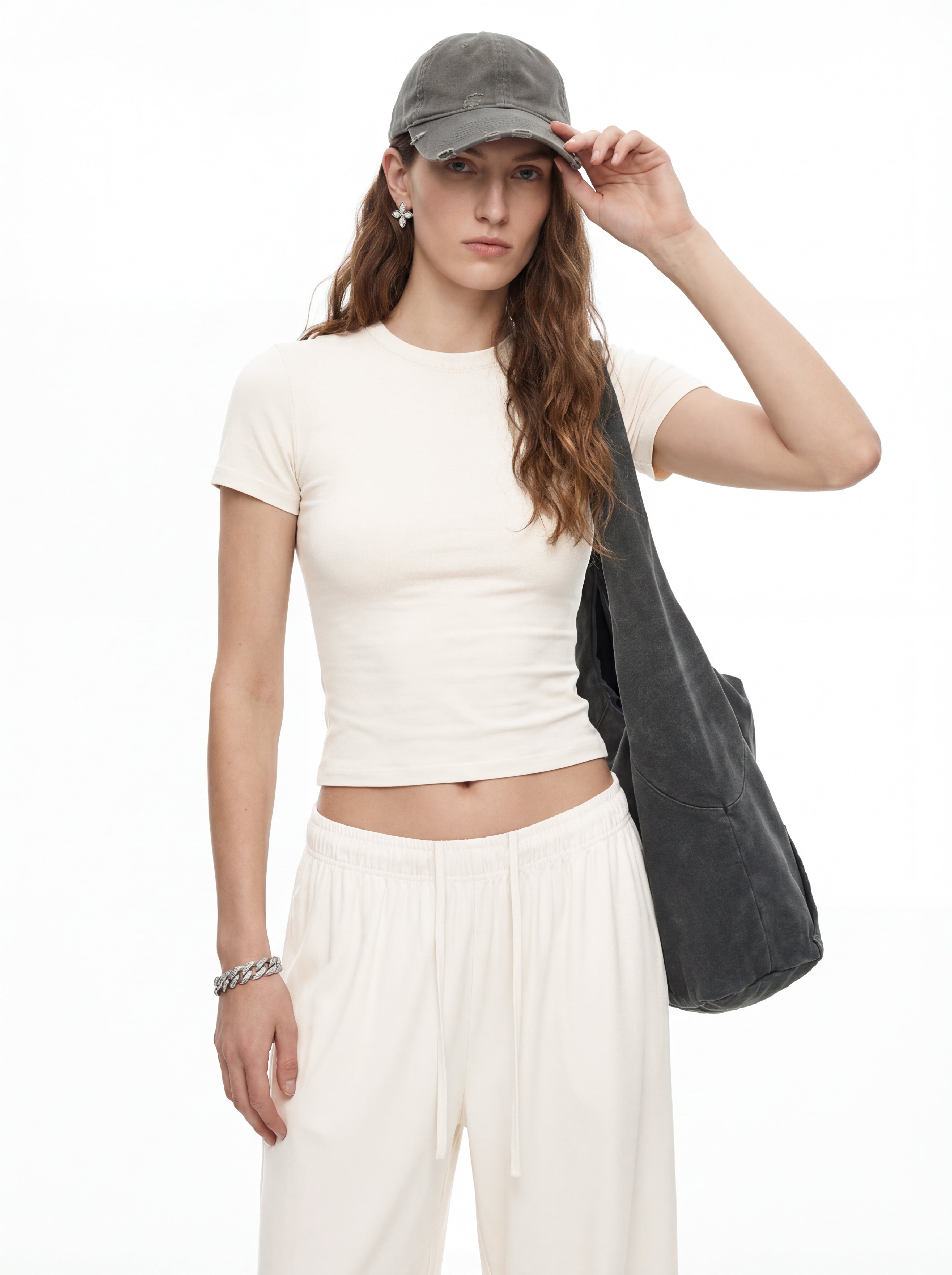 200GSM Women's High-Stretch Spandex Jersey Fitted T-Shirt Beige Apricot