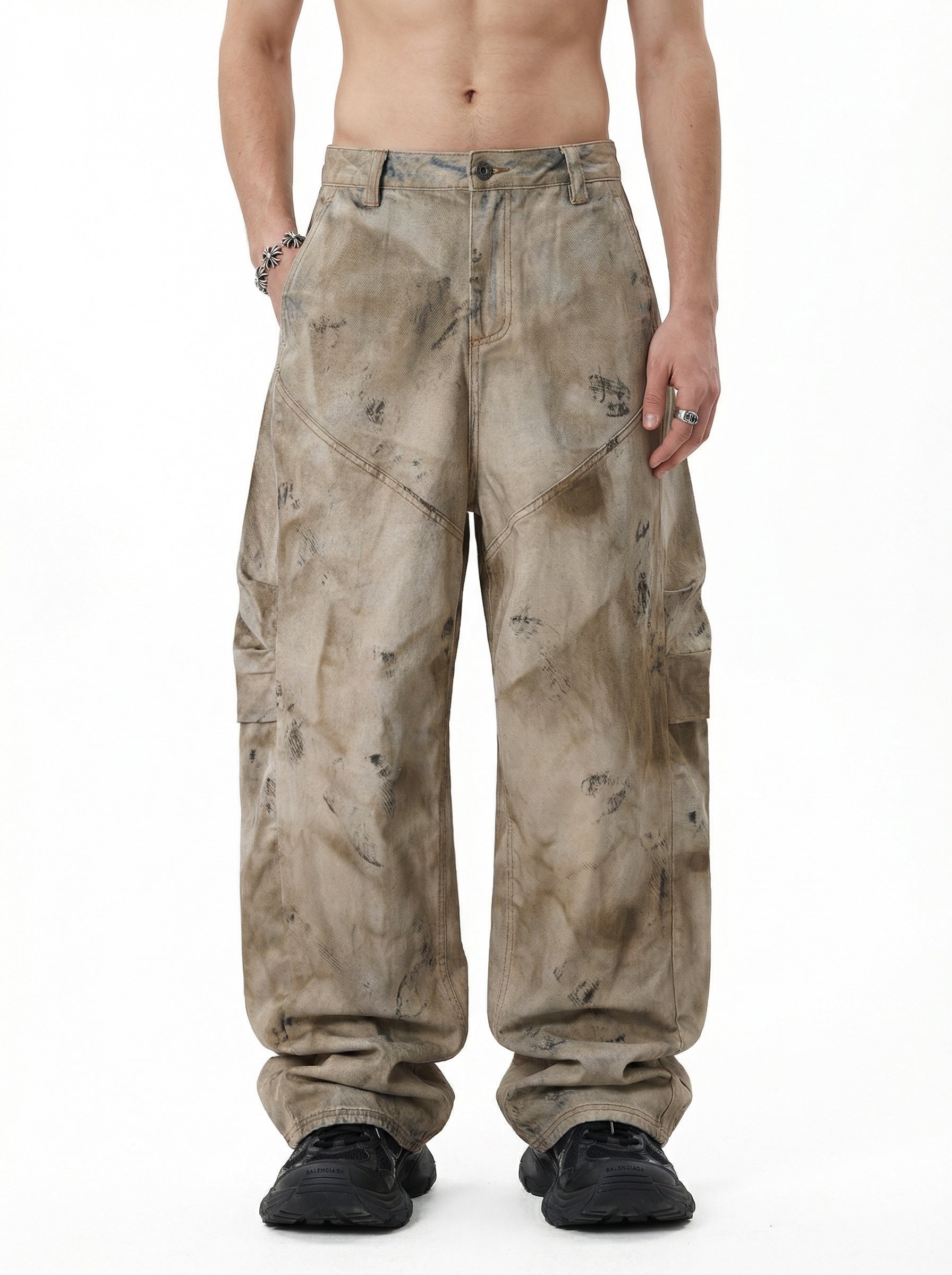 270GSM Men's Cotton Twill Denim Print Loose Fit Pants Mustard Yellow