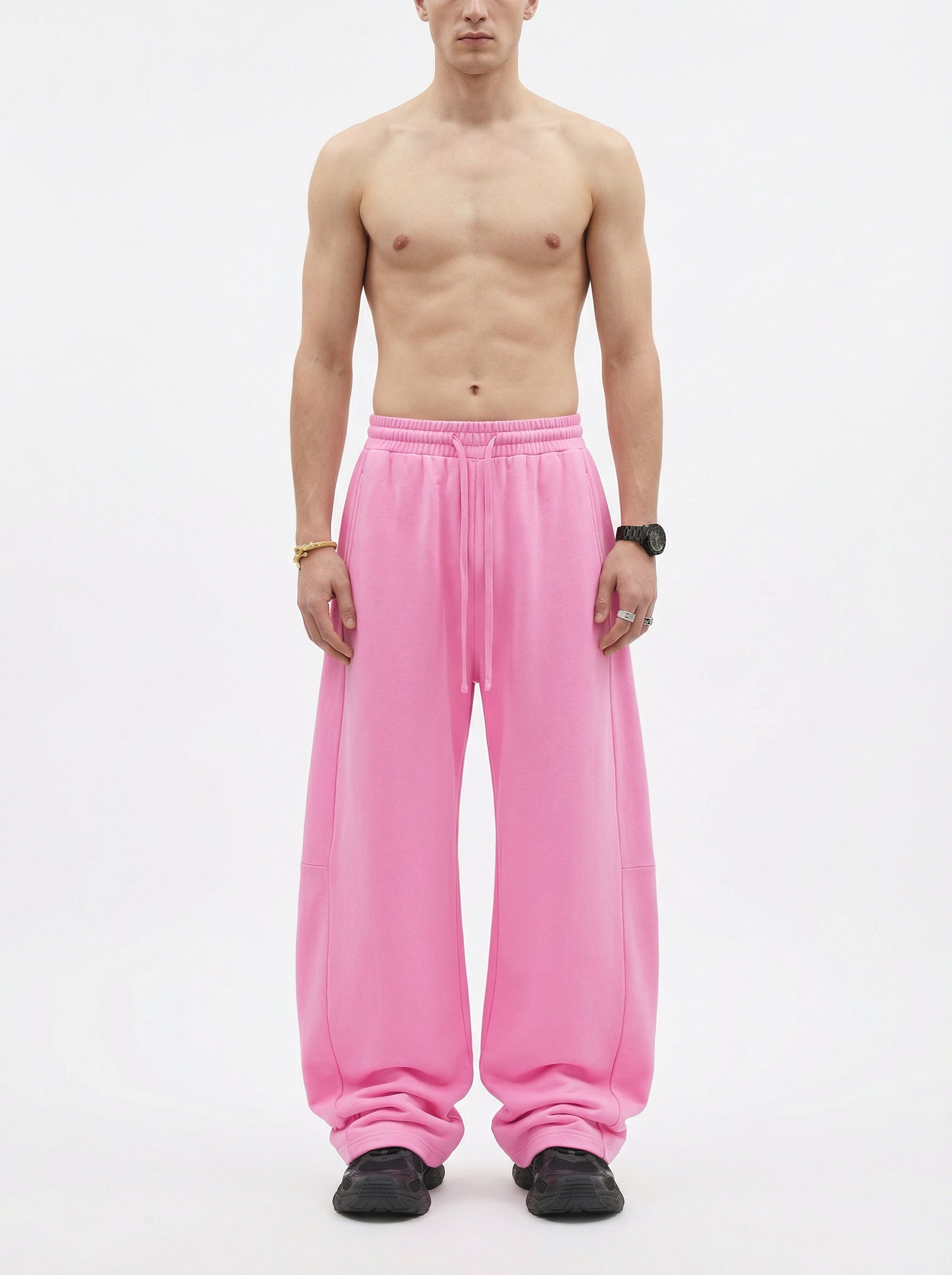 320GSM Men's Textured Denim Curved Panel Pants Pink