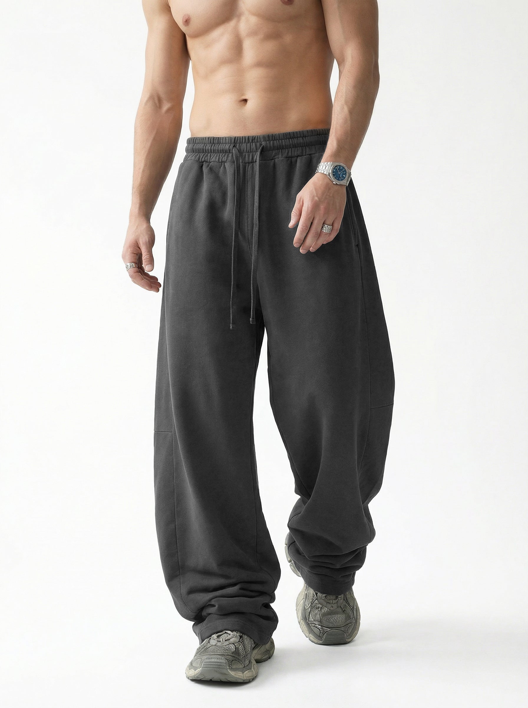 320GSM Men's Textured Denim Curved Panel Pants Dark Gray