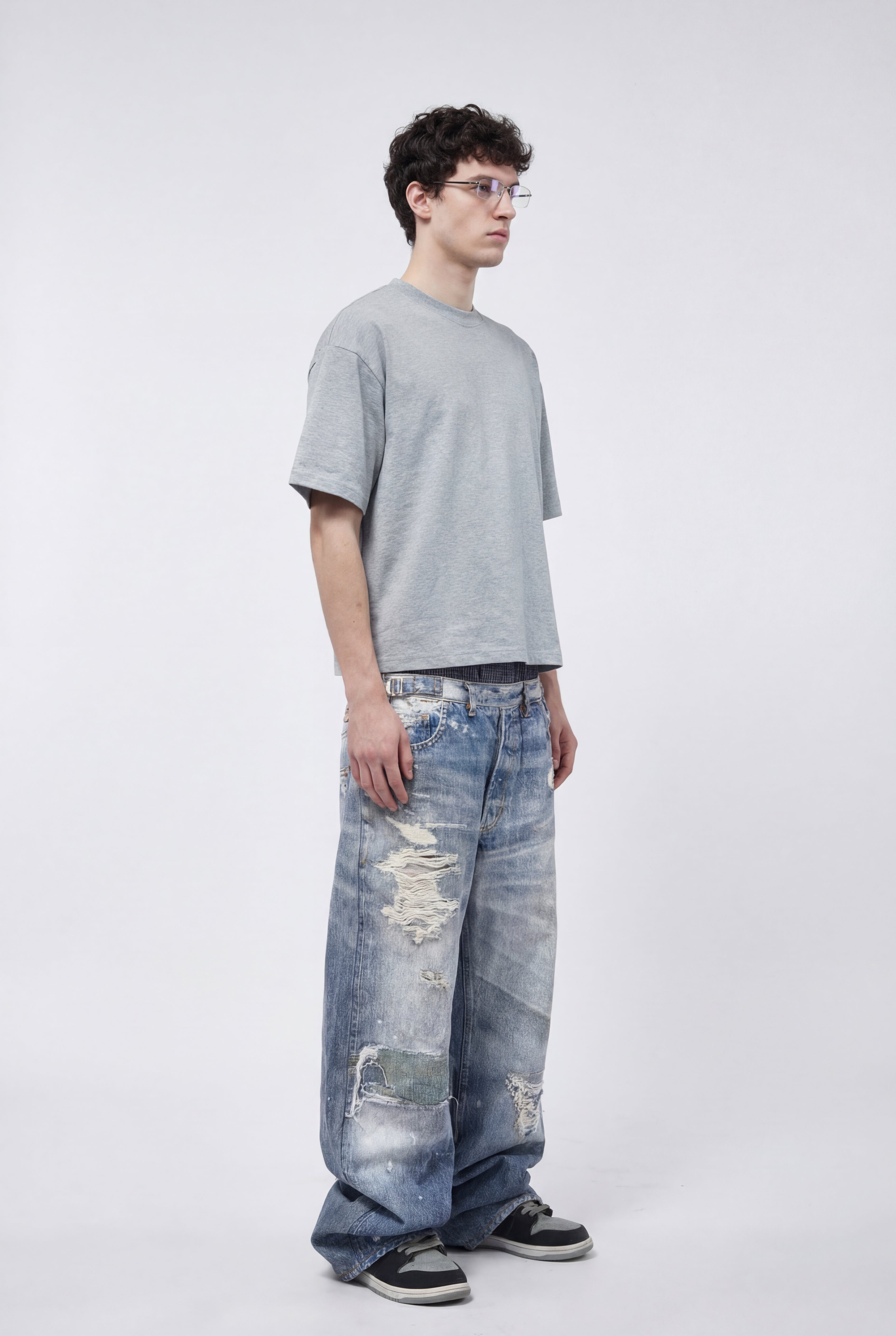 270GSM Men's Cotton Twill Denim Print Double Waist Loose Pants Blue