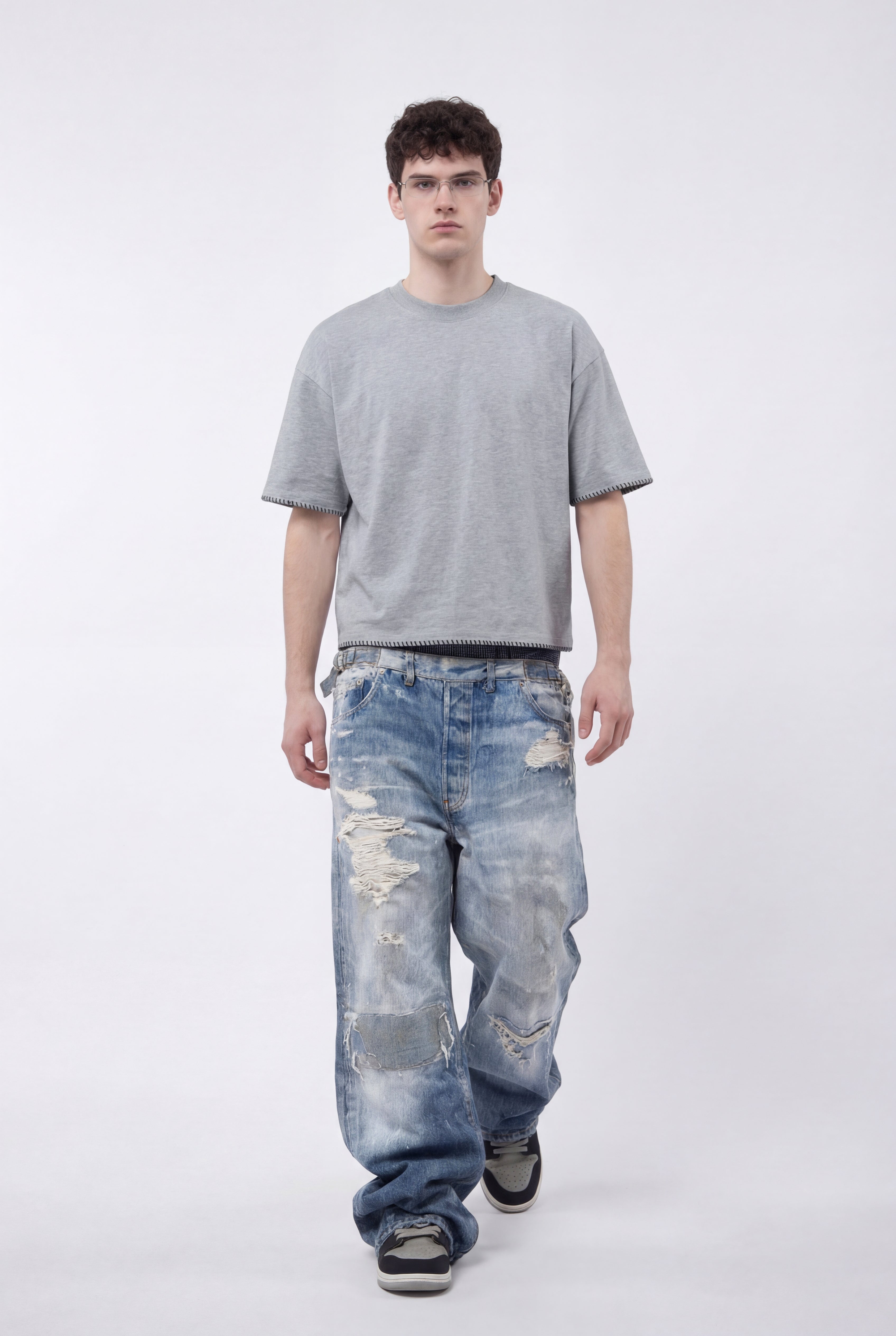 270GSM Men's Cotton Twill Denim Print Double Waist Loose Pants Blue