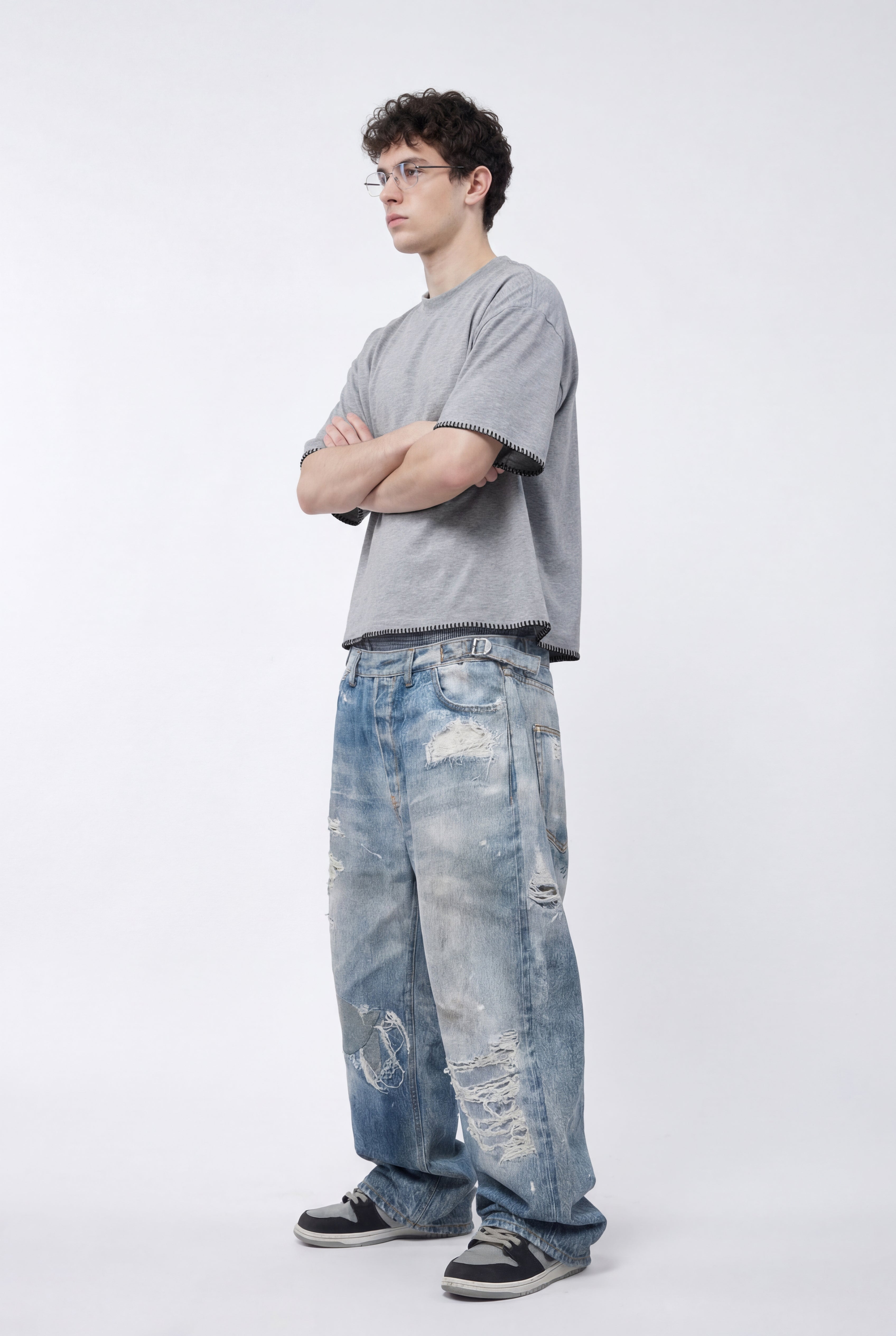 270GSM Men's Cotton Twill Denim Print Double Waist Loose Pants Blue
