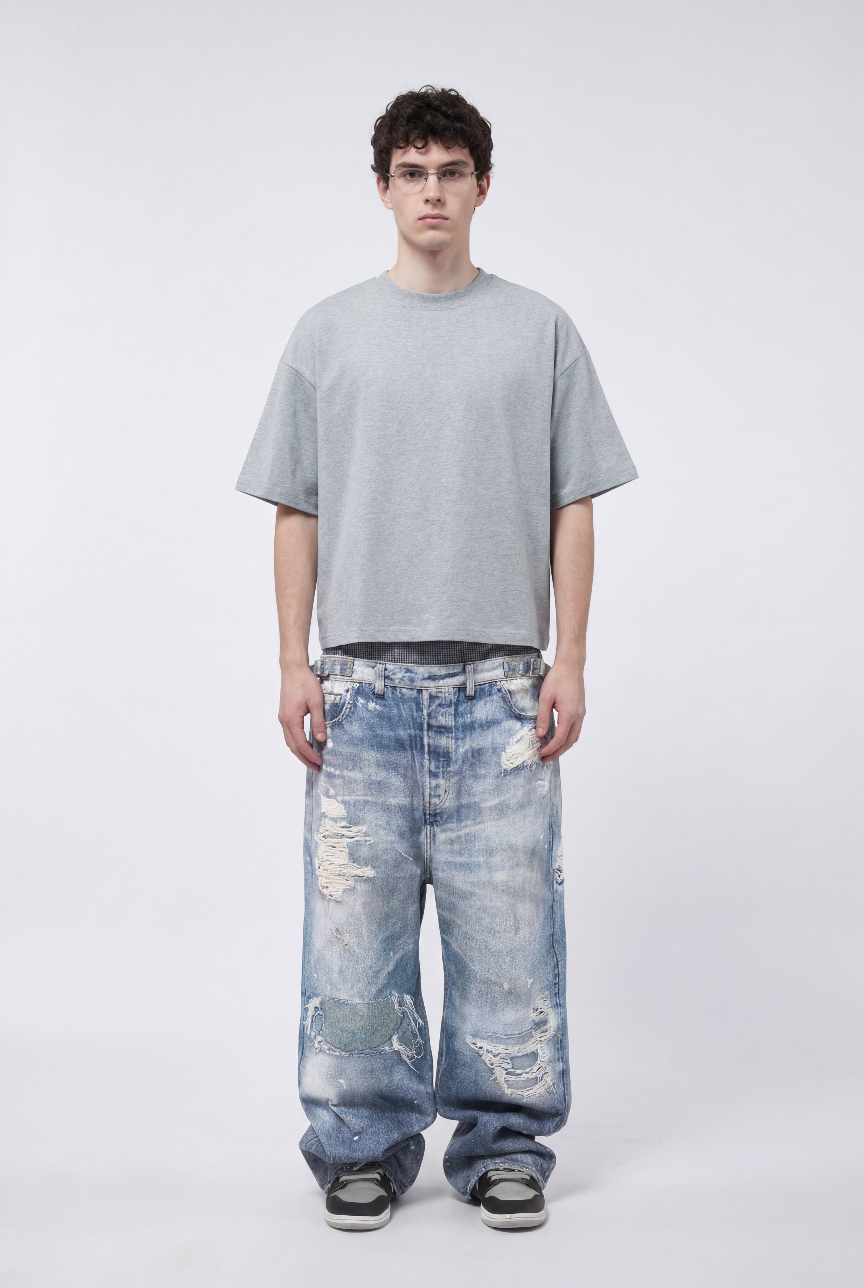 270GSM Men's Cotton Twill Denim Print Double Waist Loose Pants Blue